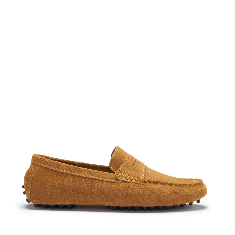 Men's loafers with a leather lacing systemPenny Driving Loafers, tobacco suede