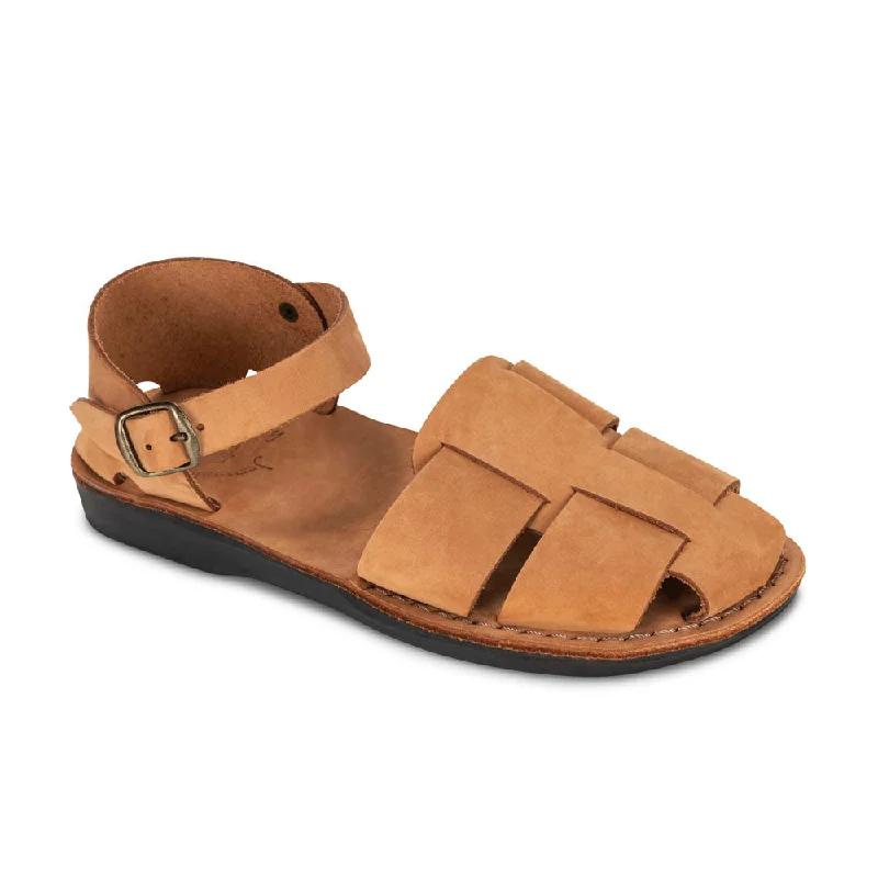 Men's sandals with a perforated leather upper for ventilationGemma - Leather Adjustable Strap Sandal | Camel Brown Nubuck