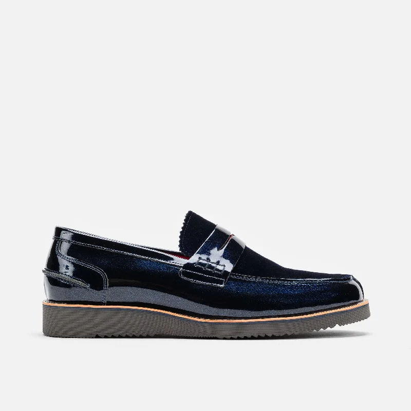 Men's loafers with a pointed toe for a stylish appearance Men's loafers with a contrast stitching detailAbe Navy Patent Leather Penny Loafers