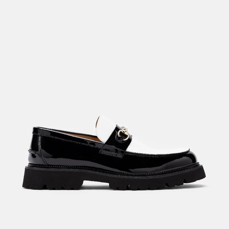 Men's loafers with a moc - toe design Men's loafers with a cushioned footbedBlake Black/White Patent Leather Lug Bit Loafers