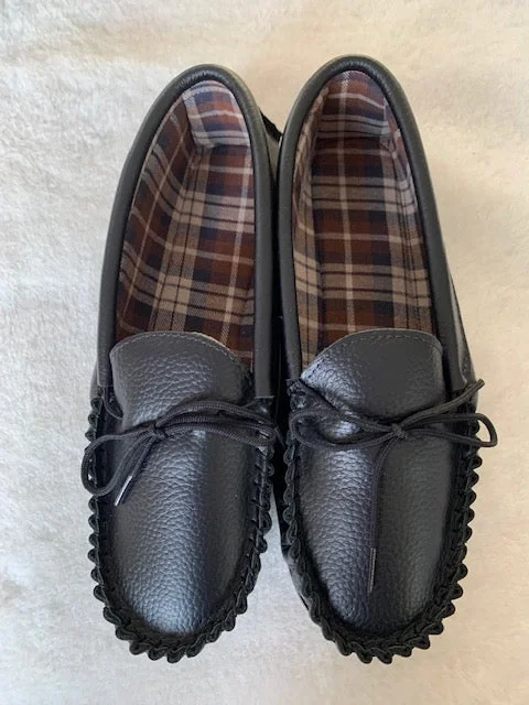 Men's slippers with a padded footbed for all - day comfort Black Leather Moccasin Slipper Hard Sole | Dave