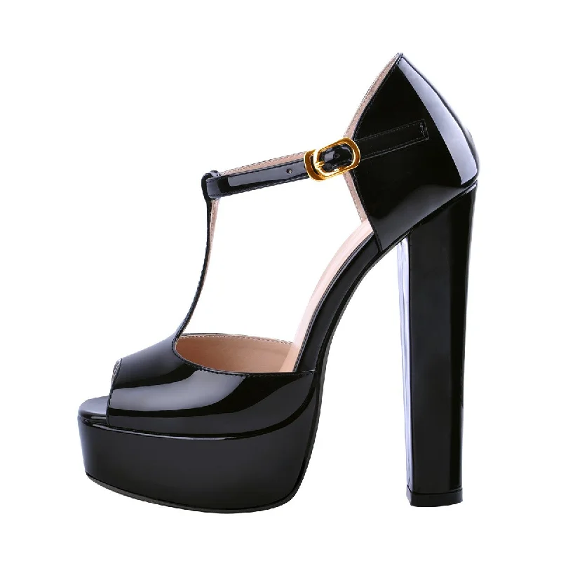 Men's sandals with a wide strap for support Men's sandals with a wide strap for support T Strap Peep Toe Platform Patent Chuncky High Heel Sandals