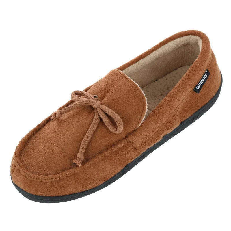 Men's slippers with a stretchy side panel for a better fit Men's Microsuede Moccasin Slipper with Whipstitch