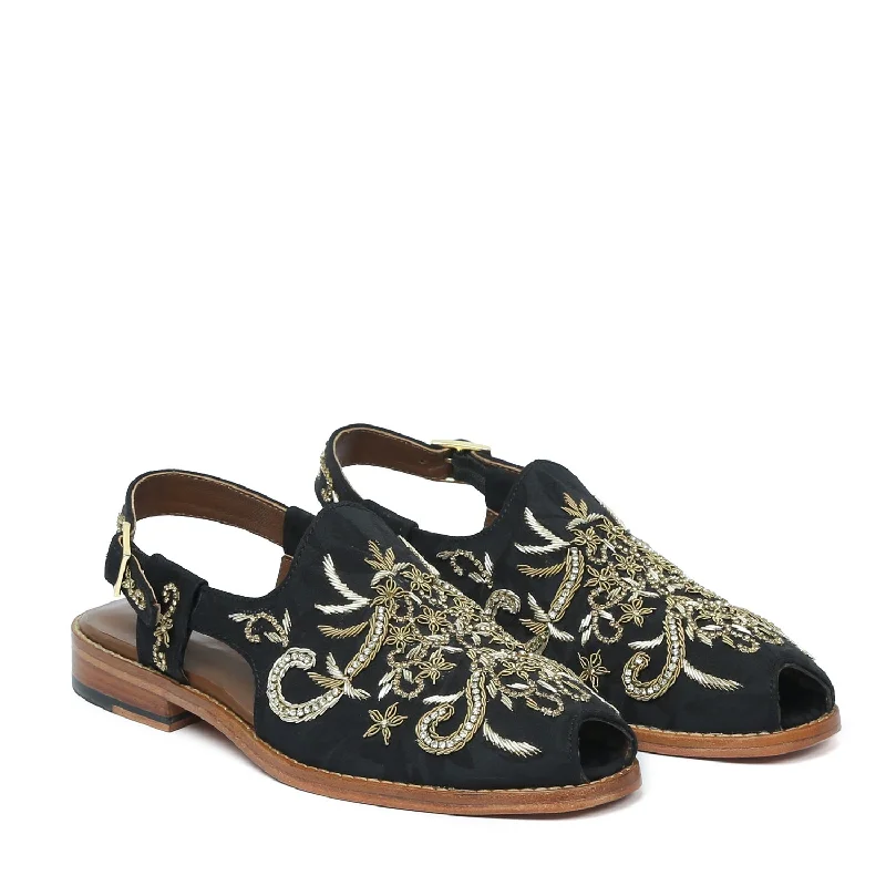 Flip - flop style men's sandals for beach wearBlack Full Zardosi Peshawari Sandal with Leather Sole Flip - flop style men's sandals for beach wearBlack Full Zardosi Peshawari Sandal with Leather Sole