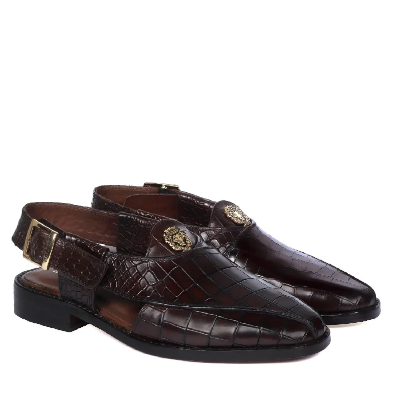 Men's sandals with a leather lining for comfortLight Weight Peshawari Sandals Cross Design Dark Brown Deep Cut Croco Textured Leather Men's sandals with a leather lining for comfortLight Weight Peshawari Sandals Cross Design Dark Brown Deep Cut Croco Textured Leather