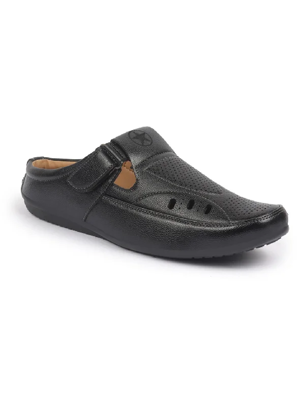 Men's sandals with a perforated leather upper for ventilationFAUSTO Men Black Back Open Perforated Breathable Casual Sandal With Cushioned Footbed|Adujstable Strap Stitched Slip On Sandal For Work|Evening Men's sandals with a perforated leather upper for ventilationFAUSTO Men Black Back Open Perforated Breathable Casual Sandal With Cushioned Footbed|Adujstable Strap Stitched Slip On Sandal For Work|Evening