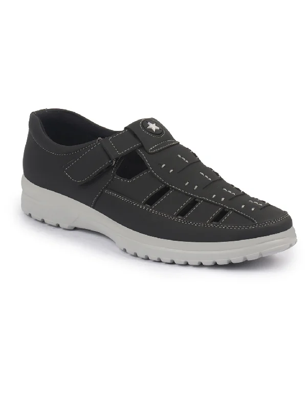 Men's sandals with a wide strap for supportFAUSTO Men Black Feather Light EVA Sole Shoe Style Comfortable Dress Sandal With Memory Cushion|Stitched Hook & Loop Sandal For Work|Evening|Festive Men's sandals with a wide strap for supportFAUSTO Men Black Feather Light EVA Sole Shoe Style Comfortable Dress Sandal With Memory Cushion|Stitched Hook & Loop Sandal For Work|Evening|Festive