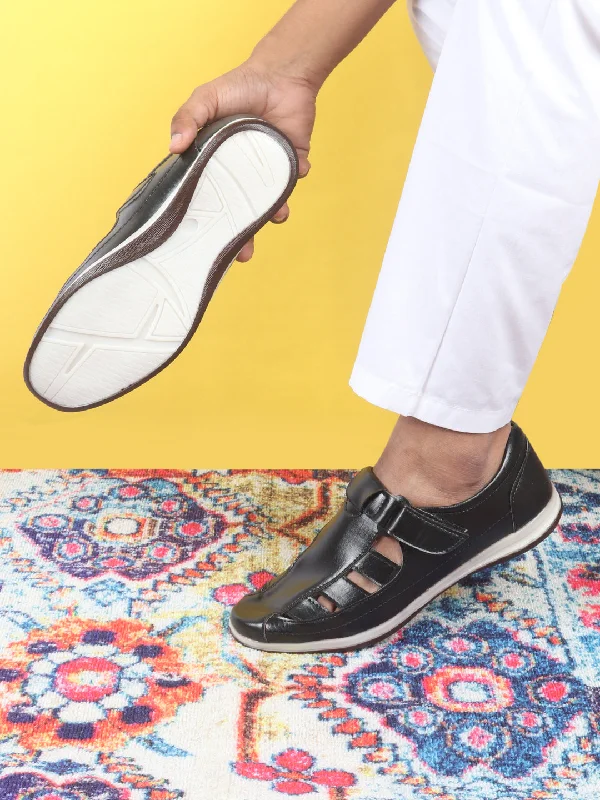 Men's sandals in a neutral color like black or brownMen Black Laser Cut Design Day Long Comfort Hook and Loop Casual Sandals Men's sandals in a neutral color like black or brownMen Black Laser Cut Design Day Long Comfort Hook and Loop Casual Sandals