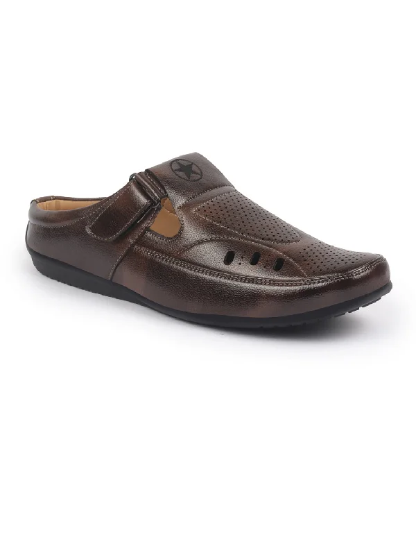 Men's sandals with a leather lining for comfortFAUSTO Men Brown Back Open Perforated Breathable Casual Sandal With Cushioned Footbed|Adujstable Strap Stitched Slip On Sandal For Work|Evening Men's sandals with a leather lining for comfortFAUSTO Men Brown Back Open Perforated Breathable Casual Sandal With Cushioned Footbed|Adujstable Strap Stitched Slip On Sandal For Work|Evening