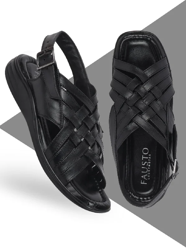 Men's sandals with a stretchy strap for a better fitMen's sandals with a stretchy strap for a better fitMen Black Buckle Criss Cross Strap Leather Sandals