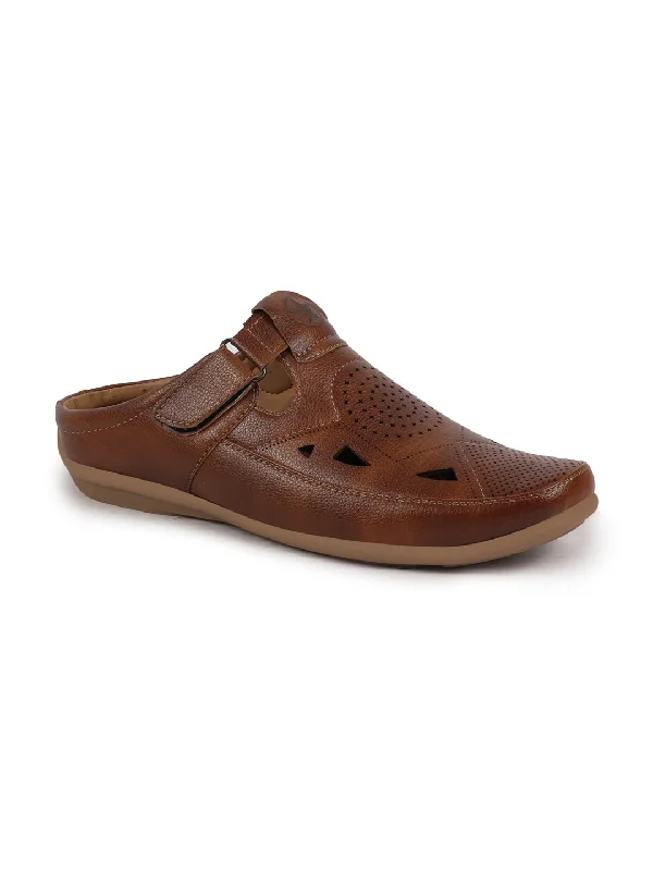 Men's sandals with a decorative buckle or charmMen Tan Back Open Perforated Breathable Contrast Sole Casual Sandal|Adujstable Strap Stitched Slip On Sandal