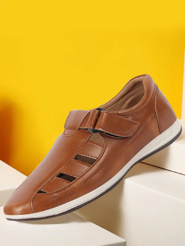 Men's leather sandals with an adjustable strapMen Tan Laser Cut Design Day Long Comfort Hook and Loop Casual Sandals Men's leather sandals with an adjustable strapMen Tan Laser Cut Design Day Long Comfort Hook and Loop Casual Sandals