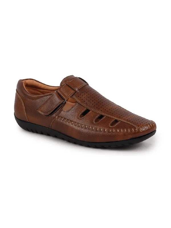 Men's sandals with a stretchy strap for a better fitMen Tan Laser Cut Perforated Shoe Style Roman Sandal|Adujstable Hook & Loop Stitched Pull On Sandal Men's sandals with a stretchy strap for a better fitMen Tan Laser Cut Perforated Shoe Style Roman Sandal|Adujstable Hook & Loop Stitched Pull On Sandal
