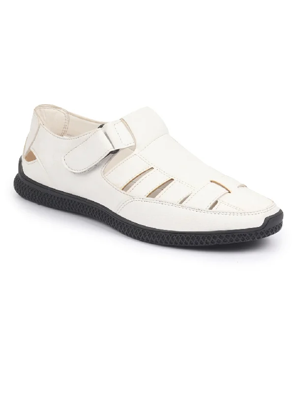 Men's sandals with a durable outer soleFAUSTO Men White PU Outdoor Hook & Loop Roman Sandals for Day Long Comfort|Outfit|Evening|Casual|Fashion|Trending|Lightweight with TPR Sole(6-13 UK) Men's sandals with a durable outer soleFAUSTO Men White PU Outdoor Hook & Loop Roman Sandals for Day Long Comfort|Outfit|Evening|Casual|Fashion|Trending|Lightweight with TPR Sole(6-13 UK)