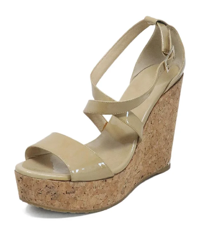 Men's sandals with a decorative buckle or charmJimmy Choo Neutral Patent Leather & Cork Sandal Heels sz 11