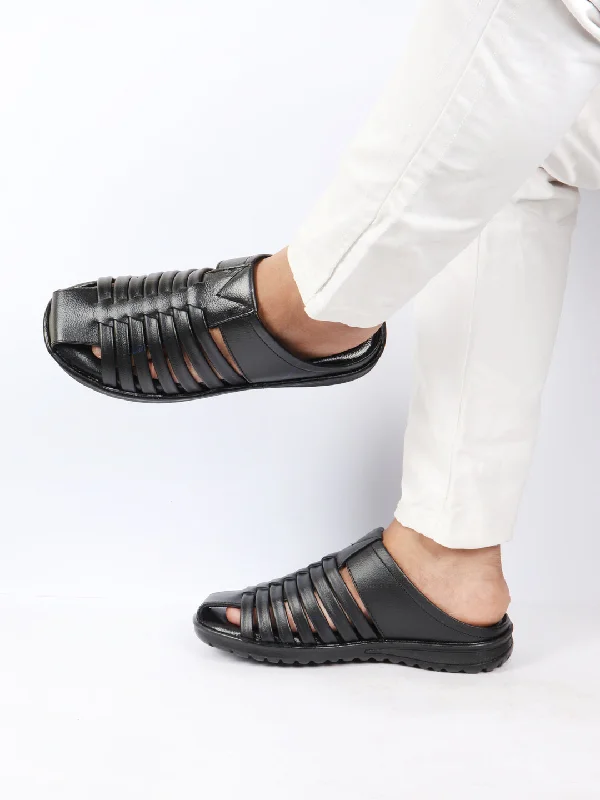 Men's sandals with a flexible sole for easy movementMen's sandals with a flexible sole for easy movementMen Black Genuine Leather Criss Cross Strap Back Open Slip On Closed Toe Dress Sandals