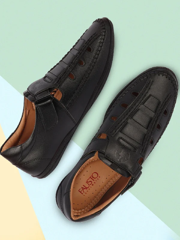 Men's sandals with a contrast stitching detailMen Black Open Sided Stitched Laser Cut Design Roman Sandals with Ankle Strap Men's sandals with a contrast stitching detailMen Black Open Sided Stitched Laser Cut Design Roman Sandals with Ankle Strap