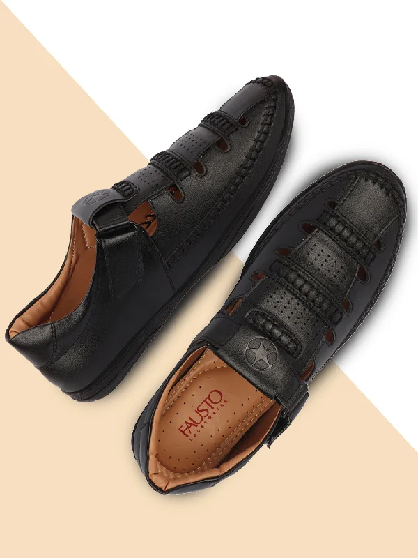 Waterproof men's sandals for water activitiesMen Black Stitched Design Roman Sandals with Ankle Strap Waterproof men's sandals for water activitiesMen Black Stitched Design Roman Sandals with Ankle Strap