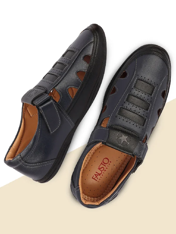 Men's sandals with a flexible sole for easy movementMen Blue Laser Cut Design Roman Sandal with Buckle Strap Men's sandals with a flexible sole for easy movementMen Blue Laser Cut Design Roman Sandal with Buckle Strap