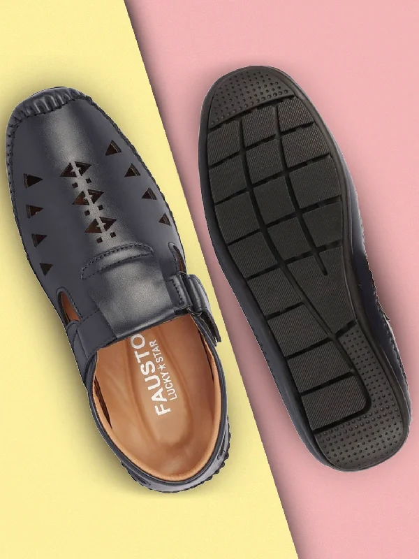 Men's sandals with a padded heelMen Blue Laser Cut Design Side Stitched Hook & Loop Driving Roman Sandals Men's sandals with a padded heelMen Blue Laser Cut Design Side Stitched Hook & Loop Driving Roman Sandals