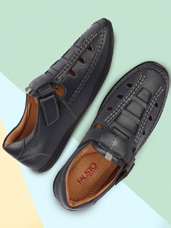 Men's sandals with a toe post designMen Blue Open Sided Stitched Laser Cut Design Roman Sandals with Ankle Strap Men's sandals with a toe post designMen Blue Open Sided Stitched Laser Cut Design Roman Sandals with Ankle Strap