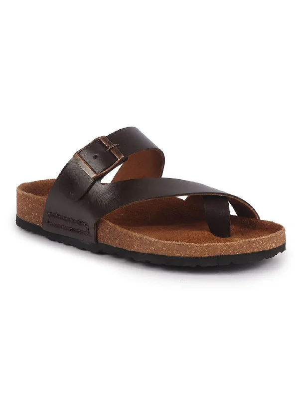 Men's sandals with a durable outer soleMen Brown Genuine Leather Toe Ring Adjustable Strap Slip On Outdoor Slippers|Cork Latex Suede Footbed|Deep Heel Cup Insole