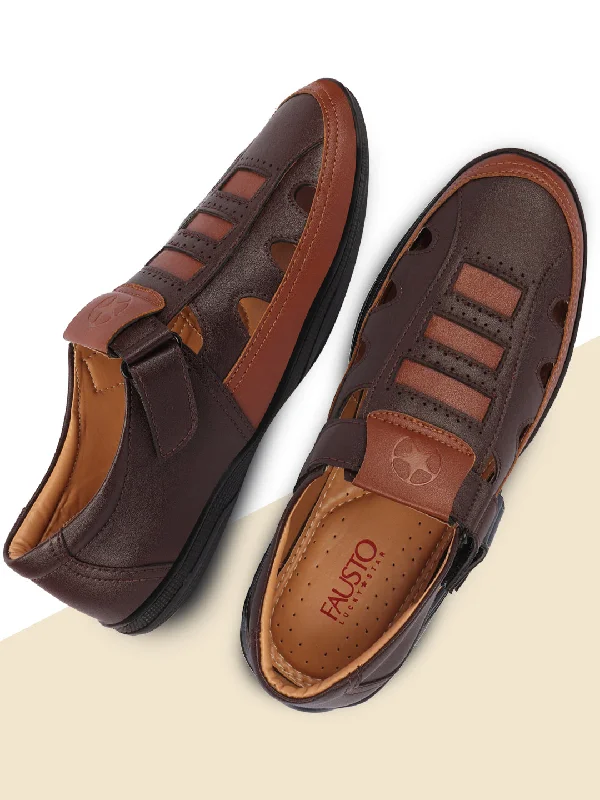 Men's sandals with a wide strap for supportMen Brown Laser Cut Design Roman Sandal with Buckle Strap Men's sandals with a wide strap for supportMen Brown Laser Cut Design Roman Sandal with Buckle Strap