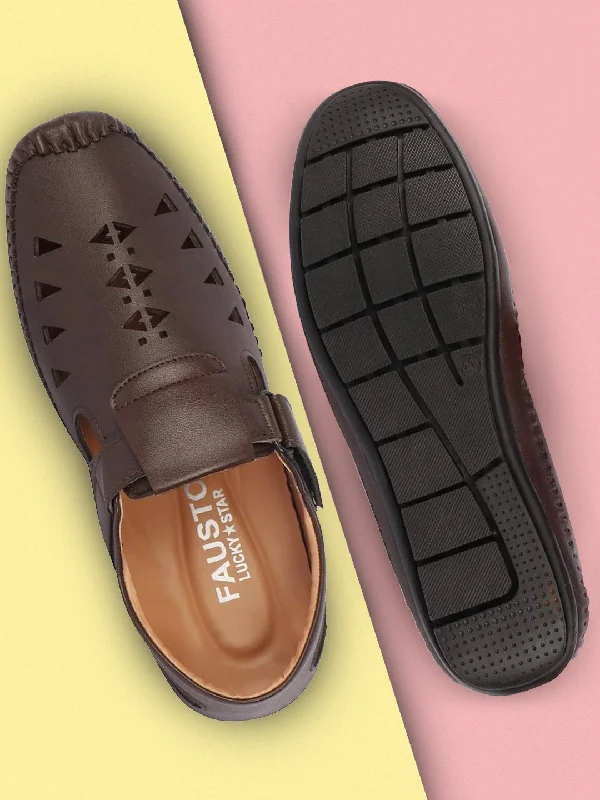 Men's sandals with a shock - absorbing insoleMen Brown Laser Cut Design Side Stitched Hook & Loop Driving Roman Sandals Men's sandals with a shock - absorbing insoleMen Brown Laser Cut Design Side Stitched Hook & Loop Driving Roman Sandals