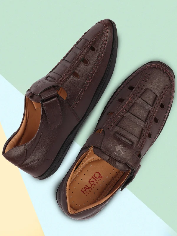 Men's leather sandals with an adjustable strapMen Brown Open Sided Stitched Laser Cut Design Roman Sandals with Ankle Strap Men's leather sandals with an adjustable strapMen Brown Open Sided Stitched Laser Cut Design Roman Sandals with Ankle Strap