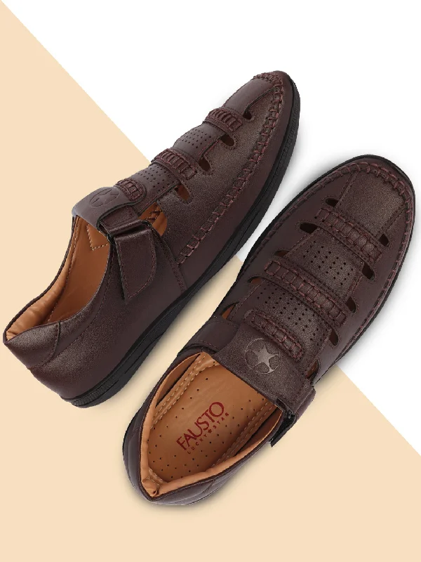 Men's sandals with a wide strap for supportMen Brown Stitched Design Roman Sandals with Ankle Strap Men's sandals with a wide strap for supportMen Brown Stitched Design Roman Sandals with Ankle Strap
