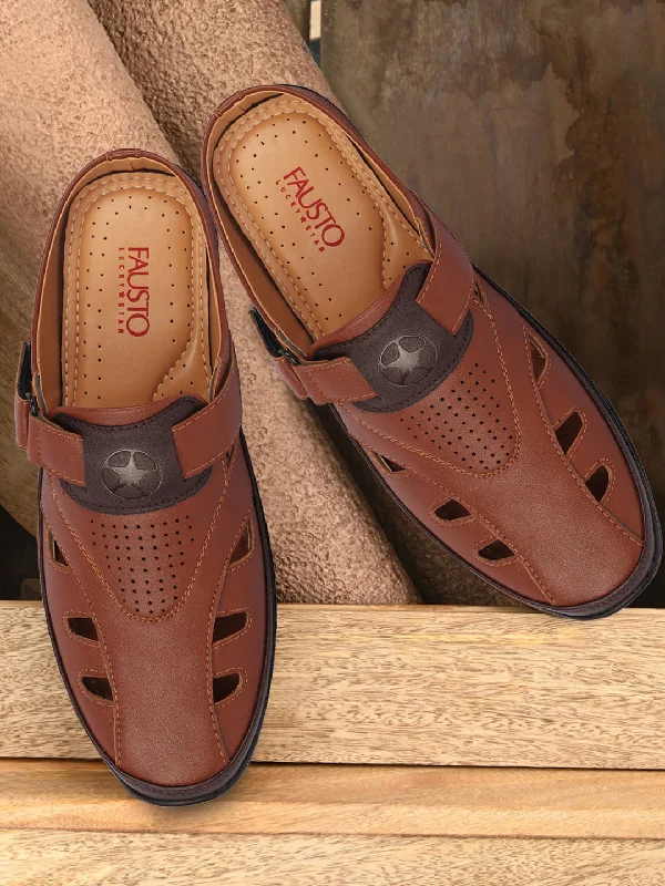 Men's sandals with a shock - absorbing insoleMen Tan Back Open Laser Cut Design Slip On Sandal with Ankle Strap Men's sandals with a shock - absorbing insoleMen Tan Back Open Laser Cut Design Slip On Sandal with Ankle Strap