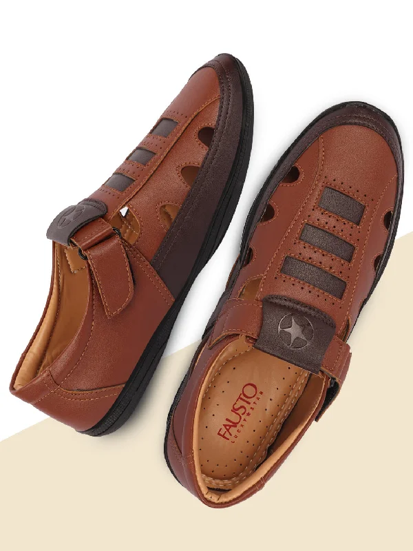 Men's sandals in a neutral color like black or brownMen Tan Laser Cut Design Roman Sandal with Buckle Strap Men's sandals in a neutral color like black or brownMen Tan Laser Cut Design Roman Sandal with Buckle Strap