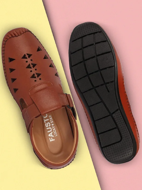 Men's leather sandals with an adjustable strapMen Tan Laser Cut Design Side Stitched Hook & Loop Driving Roman Sandals Men's leather sandals with an adjustable strapMen Tan Laser Cut Design Side Stitched Hook & Loop Driving Roman Sandals