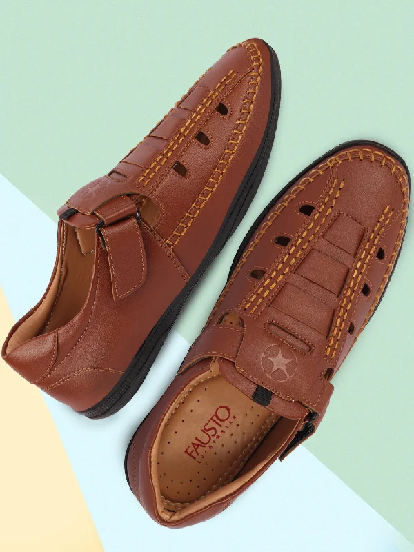 Men's sandals with a contrast stitching detailMen Tan Open Sided Stitched Laser Cut Design Roman Sandals with Ankle Strap Men's sandals with a contrast stitching detailMen Tan Open Sided Stitched Laser Cut Design Roman Sandals with Ankle Strap
