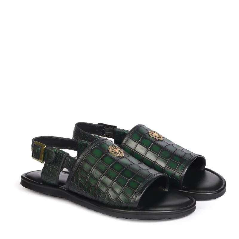Flip - flop style men's sandals for beach wearWide Toe Smokey Green Deep Cut Croco Textured Leather Buckle Strap Mens Sandal By Brune & Bareskin Flip - flop style men's sandals for beach wearWide Toe Smokey Green Deep Cut Croco Textured Leather Buckle Strap Mens Sandal By Brune & Bareskin
