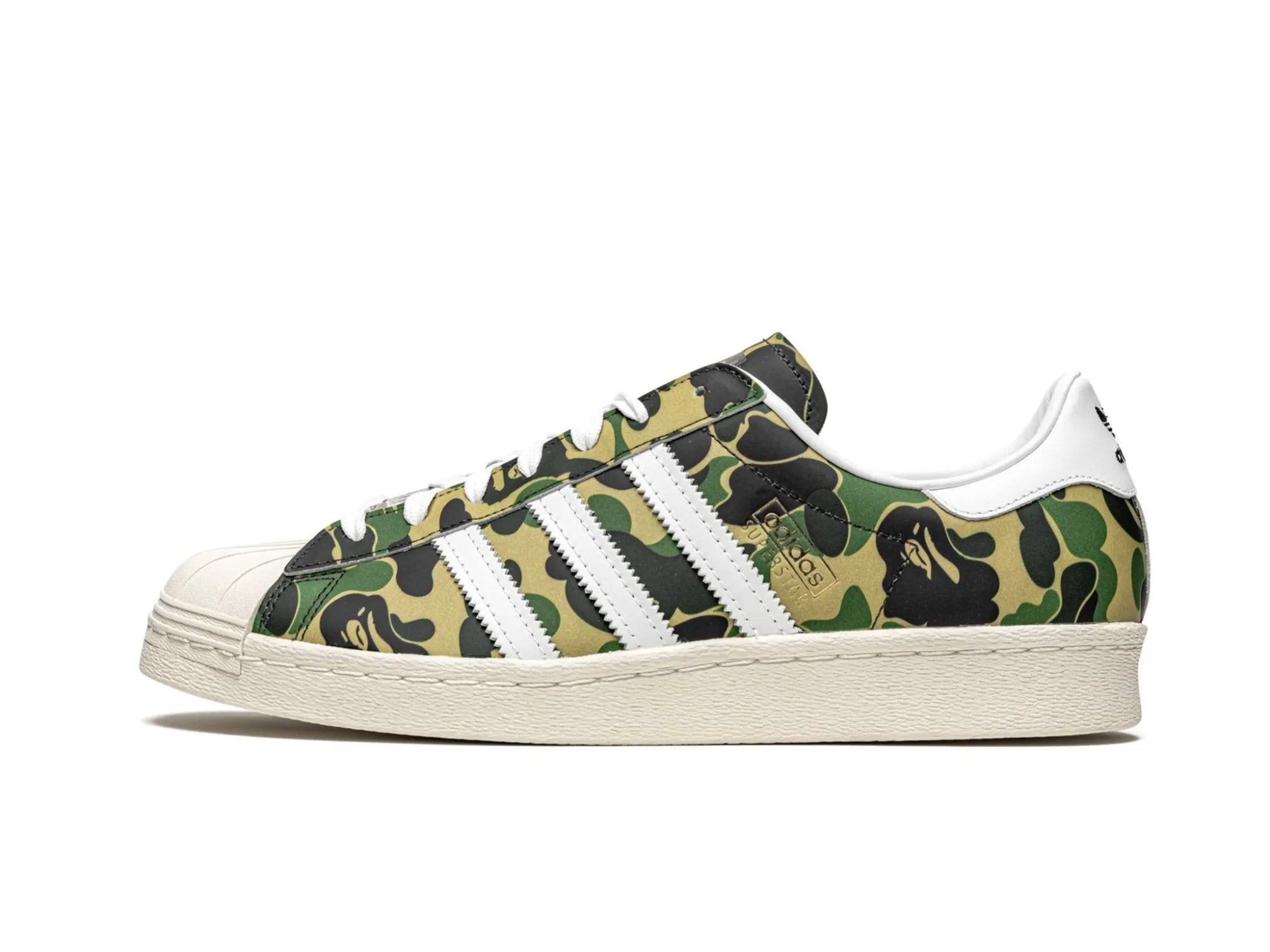 Men's black canvas sneakers with a red soleAdidas Superstar Bape ABC "Camo Green"