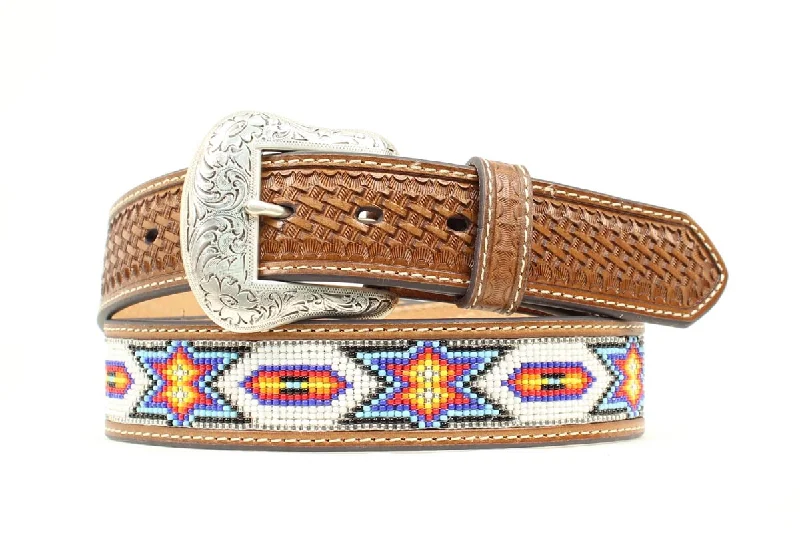 Men's western boots with a high - heeled design and a pointed toeNocona Bead Inlay Embossed Tan Men's Belt Men's western boots with a high - heeled design and a pointed toeNocona Bead Inlay Embossed Tan Men's Belt