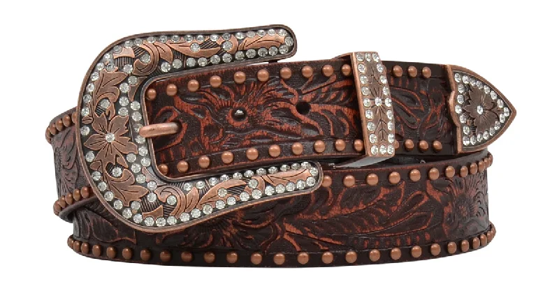 Men's western boots with a tooled leather design on the shaftDark Brown Floral Ladies' Belt Men's western boots with a tooled leather design on the shaftDark Brown Floral Ladies' Belt