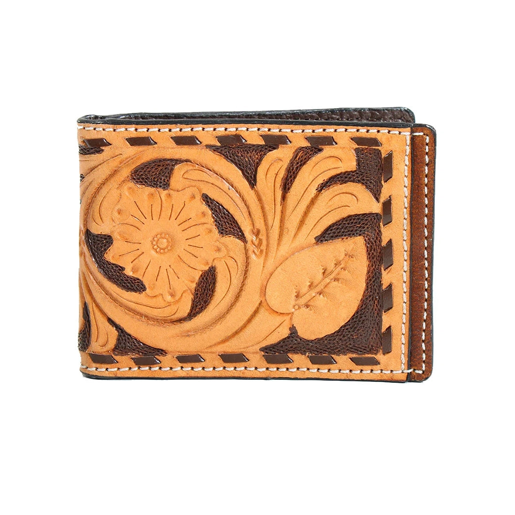 Men's western boots with a decorative inlay on the toe and heelBuckstitch Tooled Leather Bifold Spring Money Clip