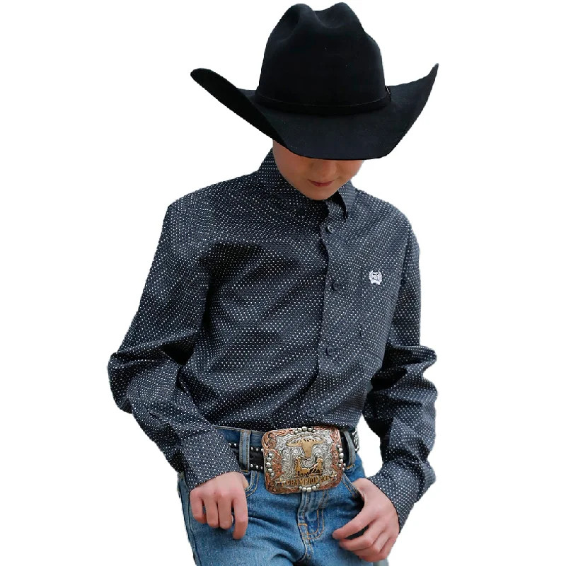 Men's western boots with a traditional western boot silhouette and a polished shineCinch Boy's Navy Micro Dot Print Long Sleeve Button Down