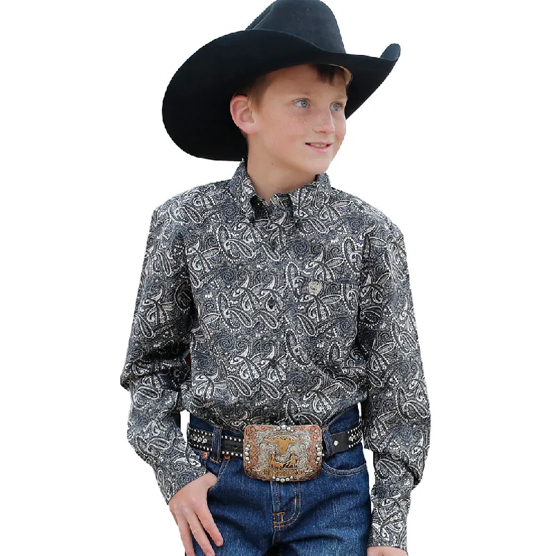 Men's western boots with a decorative inlay on the toe and heelCinch Boy's Black Paisley Print Long Sleeve Button Down