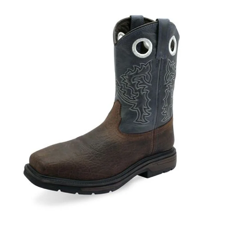 Men's western boots with a decorative inlay on the toe and heelOld West Men's Dark Brown Steel Toe Work Boot
