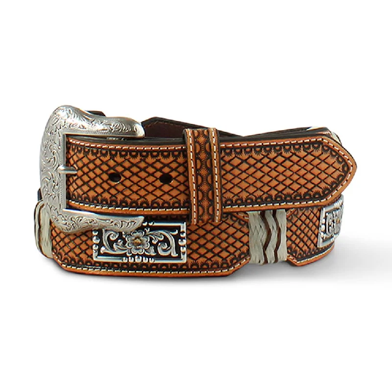 Men's western boots with a high - heeled design and a pointed toeAriat Men's Basket Weave Belt with Rawhide Conchos