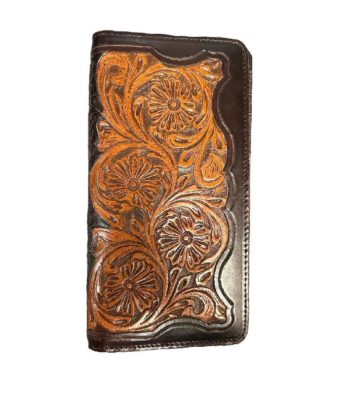 Men's western boots in a rich brown or black leatherRanger Brown & Tan Floral Tooled Rodeo Wallet