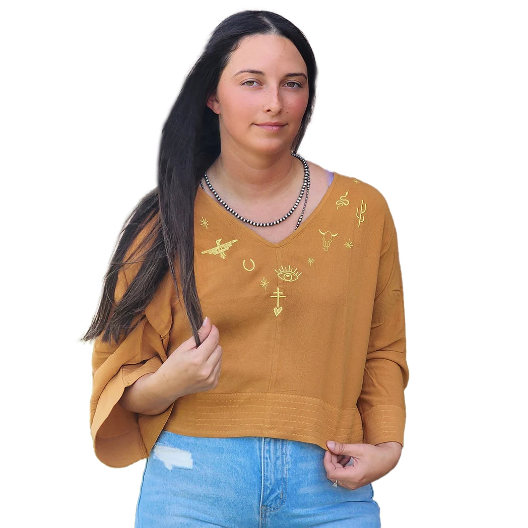Men's western boots with a rubber sole for traction on various surfacesAllie Falcon Women's Gold & Rust Crop Blouse