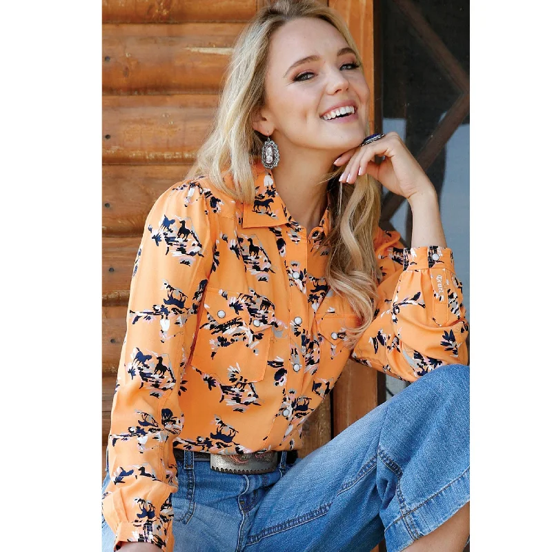 Cruel Girl Women's Orange Horse Print Long Sleeve Shirt