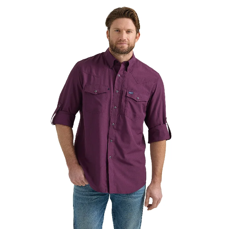 Men's western boots with a high - heeled design and a pointed toeWrangler Men's Performance Snap Long Sleeve Solid Shirt in Plum Men's western boots with a high - heeled design and a pointed toeWrangler Men's Performance Snap Long Sleeve Solid Shirt in Plum
