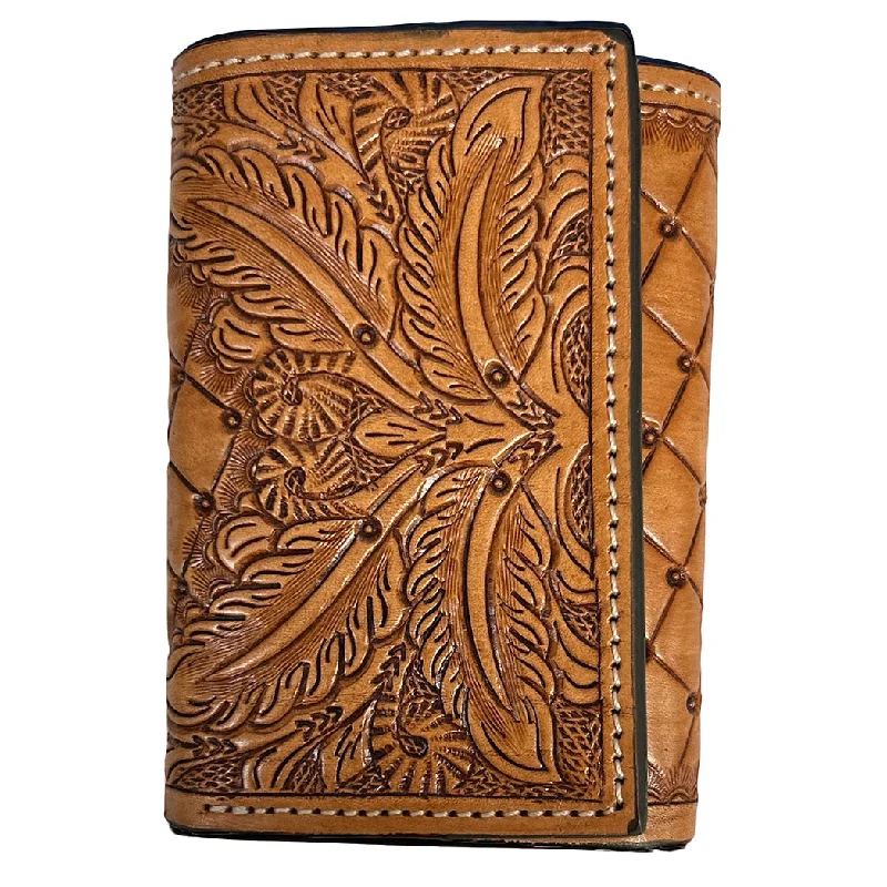 Men's western boots with a scalloped edge and a pull - on strapTwisted X Tan Diamond Weave Feather Tooled Trifold Wallet